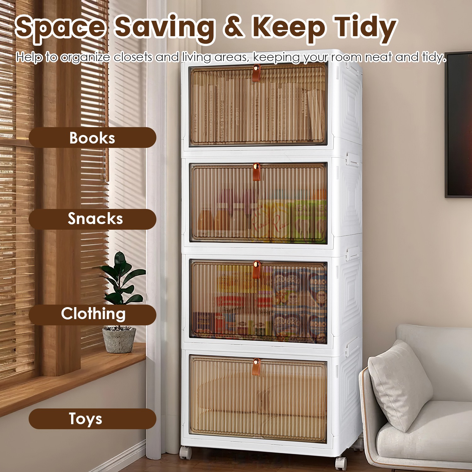4Pc Foldable Storage Bins With Lid For Home Storage Front Magnetic Door